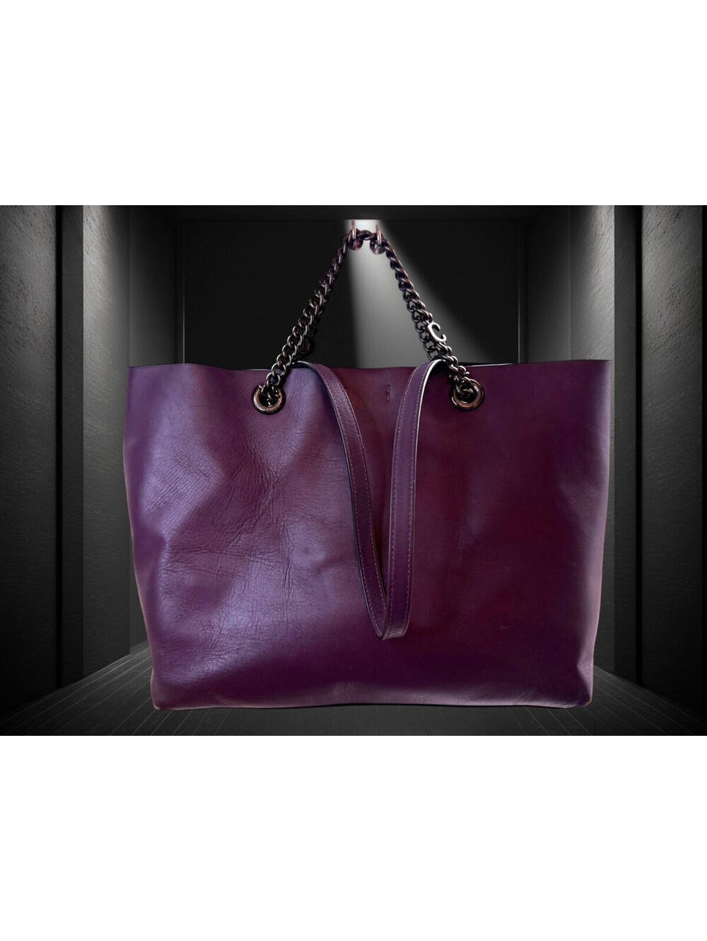 Coach Heather Chain Central Tote Bag Shoulder Plum Leather Brown Bronze Hardware